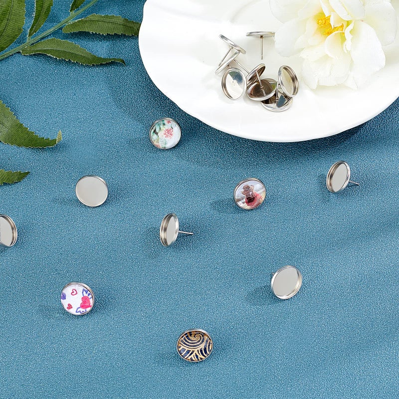 PH PandaHall 200pcs 14mm Stainless Steel Stud Earring Flat Round Bezel Earring Earring Blank Trays Cabochon Earring Setting for Earring Making DIY - Image 3